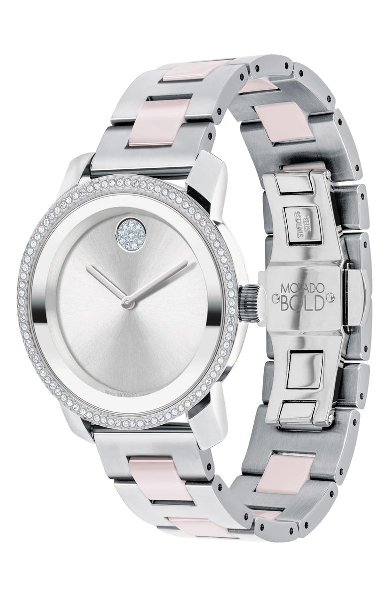 Movado Bold Iconic Crystal Bracelet Strap Watch, 36.3mm, Alternate, color, Silver