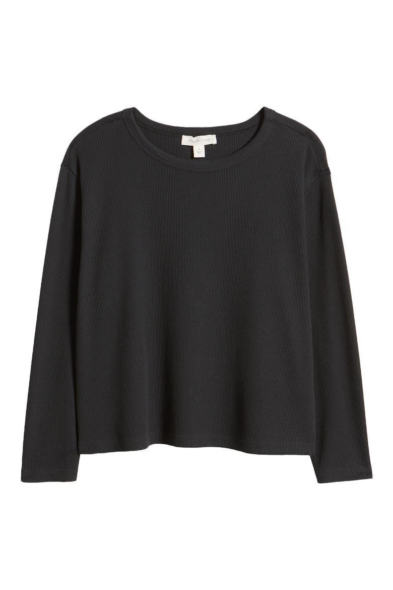 Shrunken Crop Boxy Thermal Crewneck Top, Alternate, color, BLACK JET