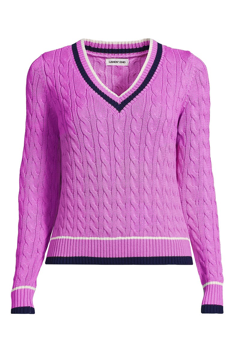 Drifter Cable V-neck Sweater, Alternate, color, Aster Pink Tipping