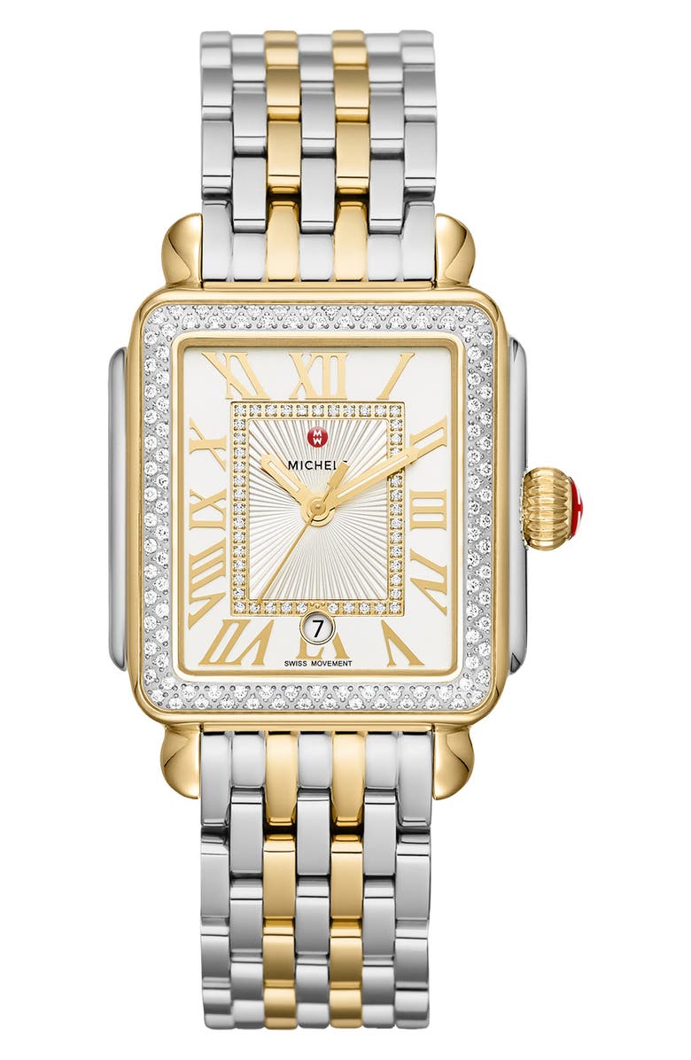MICHELE Deco Madison Diamond Dial Two-Tone Bracelet Watch, 33mm, Main, color, Gold/ Silver