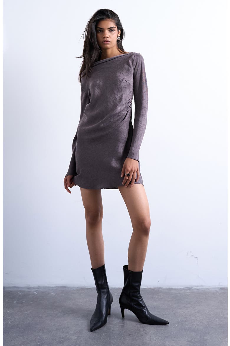 Drape Neck Long Sleeve Minidress, Main, color, BROWN