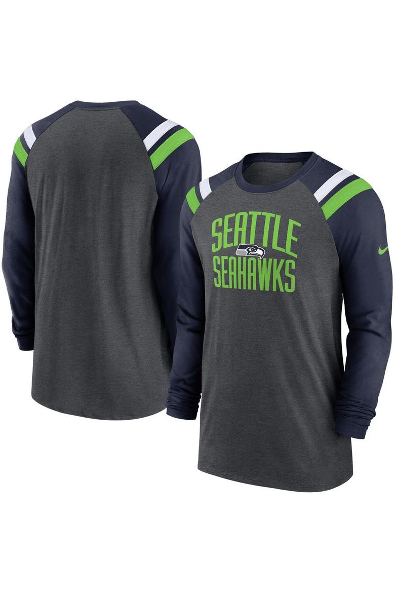 Men's Nike Heathered Charcoal/College Navy Seattle Seahawks Tri-Blend Raglan Athletic Long Sleeve Fashion T-Shirt, Main, color, Heather Charcoal