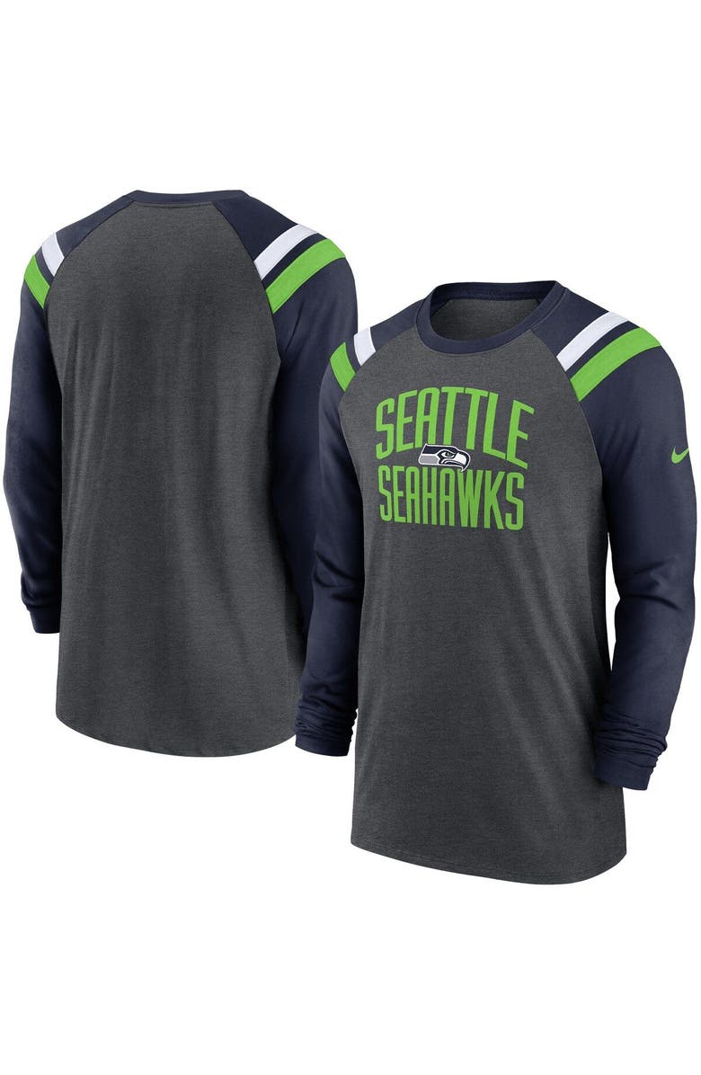 Nike Men's Nike Heathered Charcoal/College Navy Seattle Seahawks Tri-Blend Raglan Athletic Long Sleeve Fashion T-Shirt, Main, color, Heather Charcoal