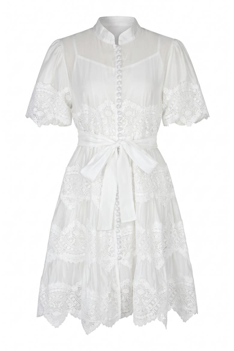 Lace Trim Puff Sleeve Midi Dress with Waist Tie, Alternate, color, White
