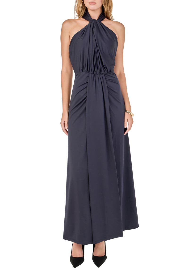 Draped Halter Maxi Dress, Main, color, NAVY