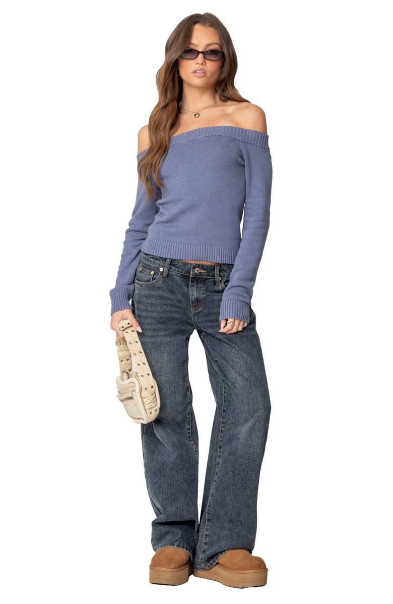 EDIKTED Elona Off the Shoulder Long Sleeve Knit Top, Alternate, color, Blue