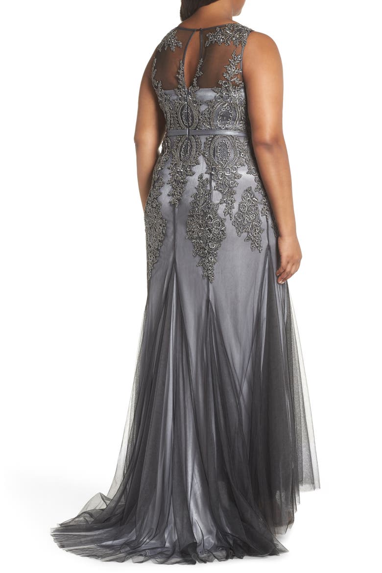 Beaded Godet Mesh Trumpet Gown, Alternate, color, CHARCOAL