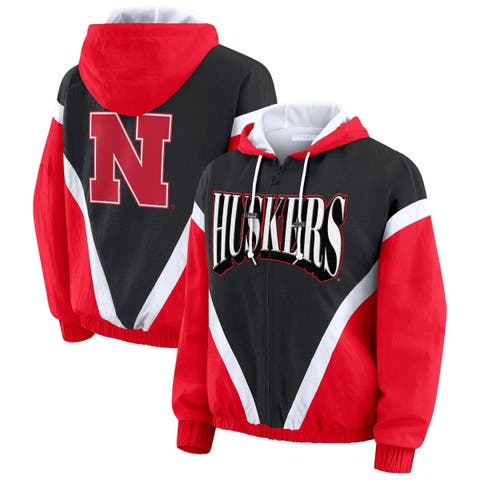 Women's WEAR by Erin Andrews Scarlet/Black Nebraska Huskers Colorblock Full-Zip Hoodie Windbreaker Jacket