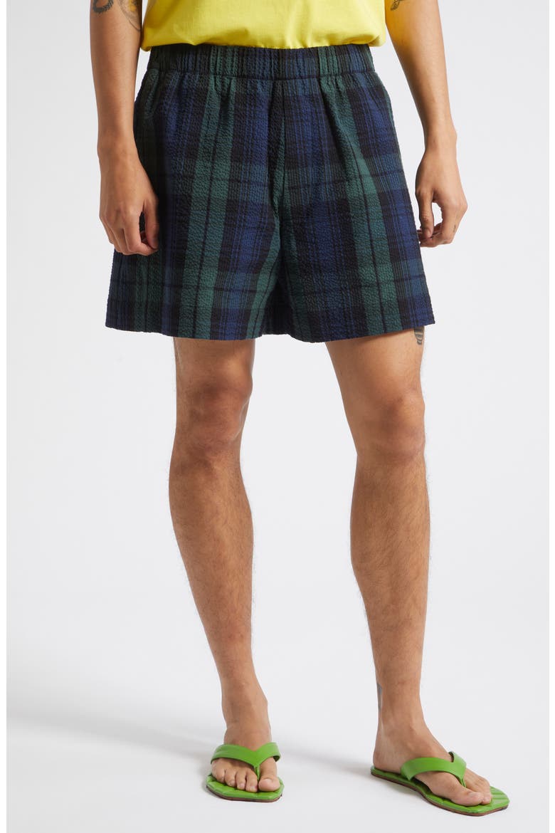 Plaid Cotton Seersucker Shorts, Main, color, NAVY/ GREEN