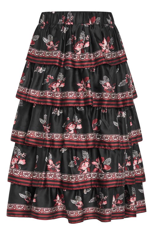 City Chic Drama Floral Ruffle Tiered Maxi Skirt In Black