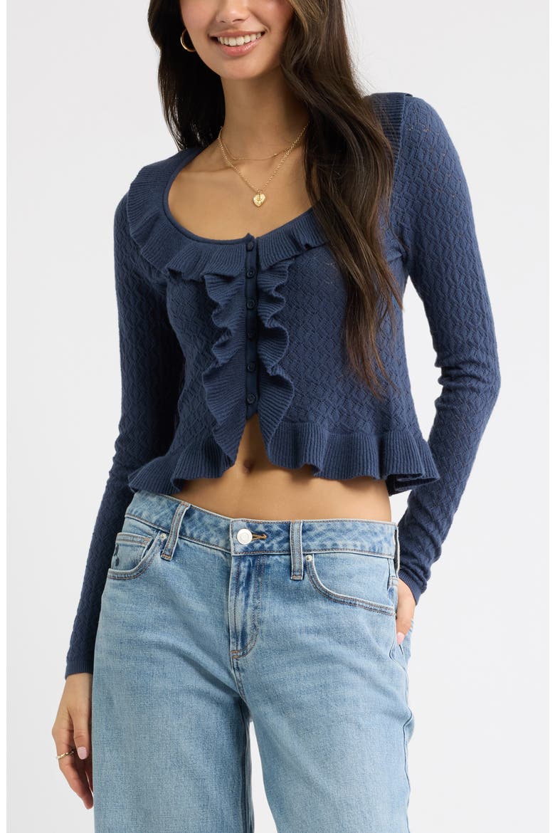 Ruffle Pointelle Cardigan, Main, color, NAVY INDIGO
