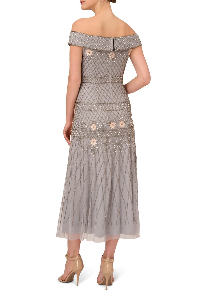 Beaded Off the Shoulder Cocktail Dress, Alternate, color, SILVER MIST