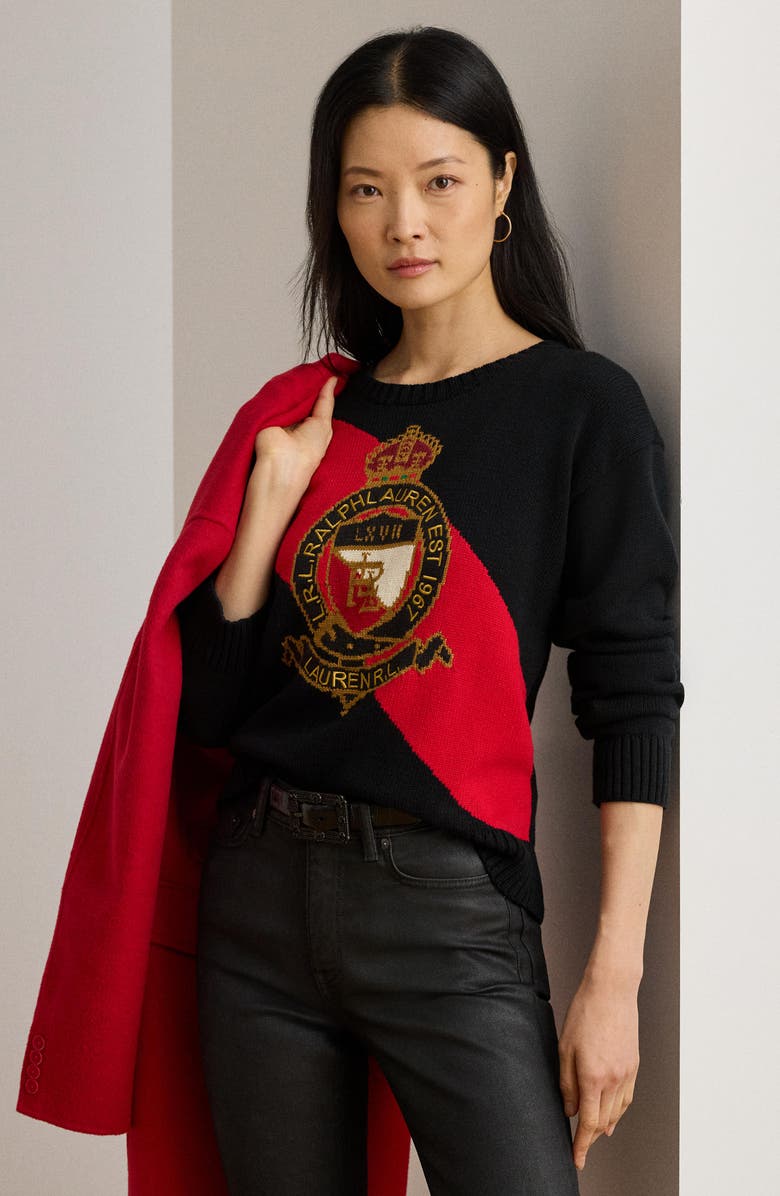 Lauren Ralph Lauren Colorblock Embroidered Crest Cotton Sweater, Alternate, color,