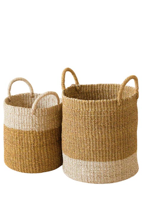 Cylinder Floor Basket with Handles, Set of 2