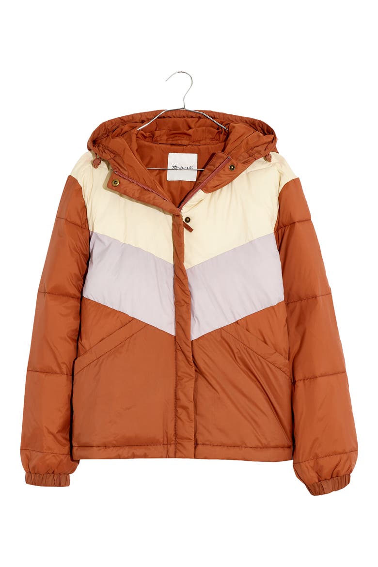 Chevron Colorblock Packable Puffer Jacket, Alternate, color, UMBER