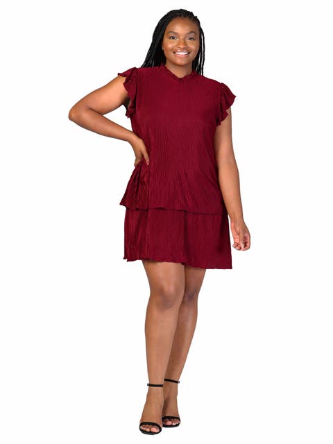Ruffle Cap Sleeve High Neck Pleated Tiered Mini Dress