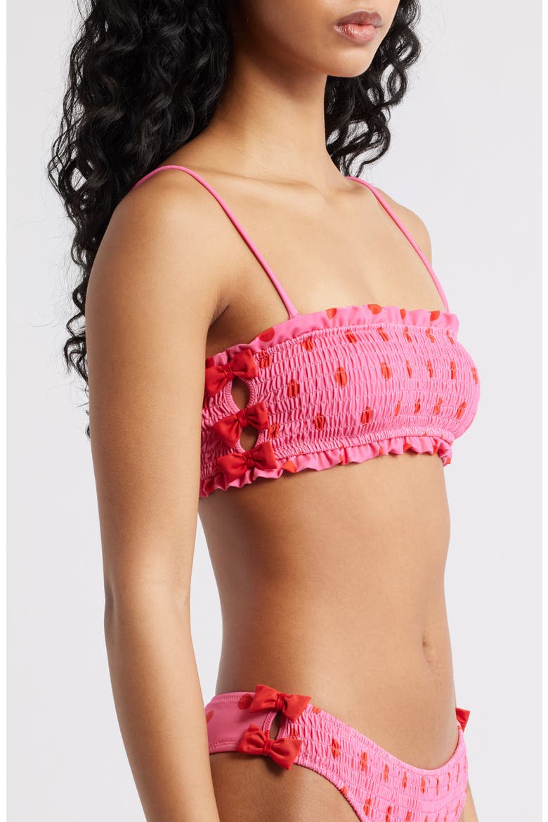 Polka Dot Smocked Bow Bandeau Bikini Top, Alternate, color, PINK