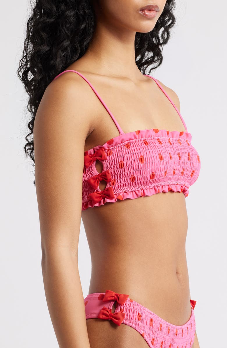 Damson Madder Polka Dot Smocked Bow Bandeau Bikini Top, Alternate, color, Pink