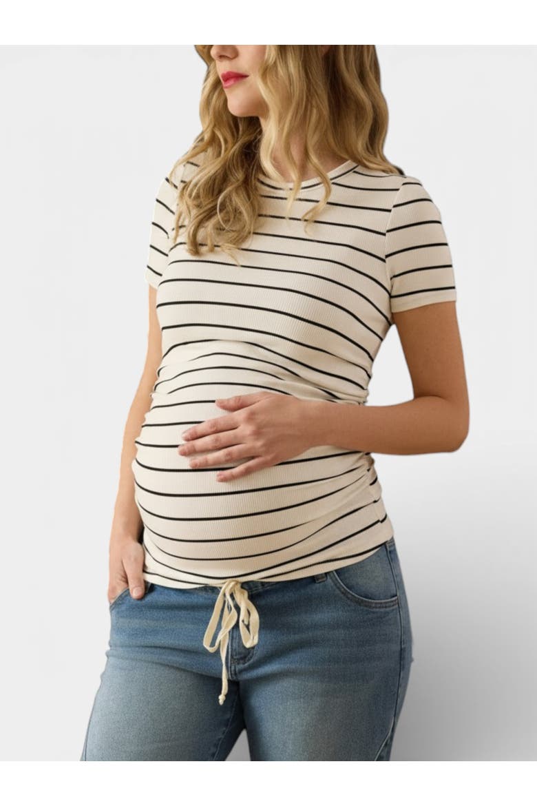 Women's Crew Neck Side-Ruched Maternity Short Sleeve Top, Main, color, Vanilla & Black Stripe