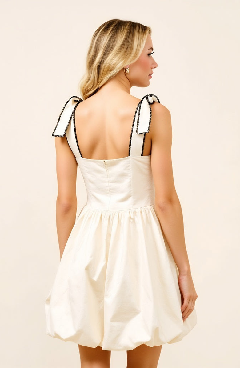 Modenaire Bow Strap Bubble Hem Mini Dress with Square Neckline Detail, Alternate, color, Off-White / Cream