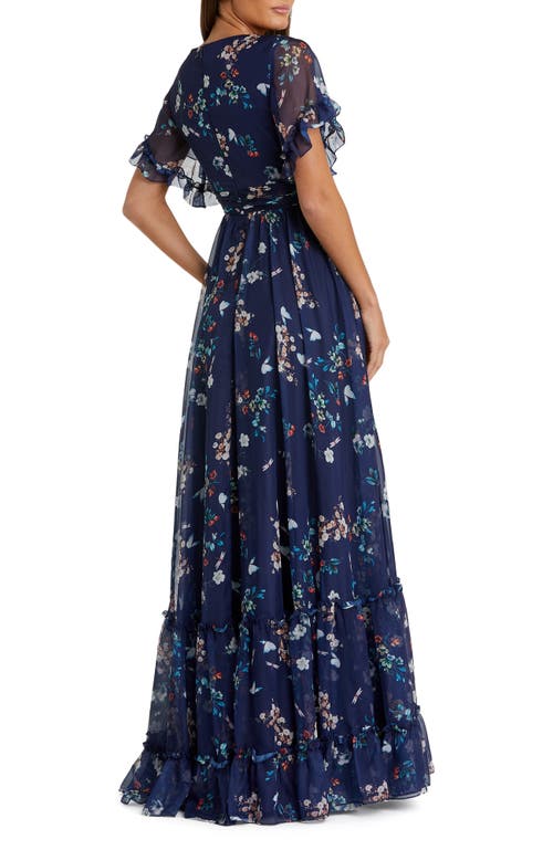 Mac Duggal Floral Flounce Sleeve A-line Gown In Navy Multi