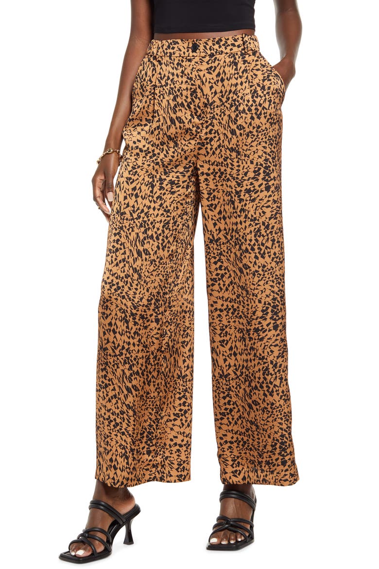 Abstract Print Satin Trousers, Main, color, BLACK- TAN FRACTURED GLASS