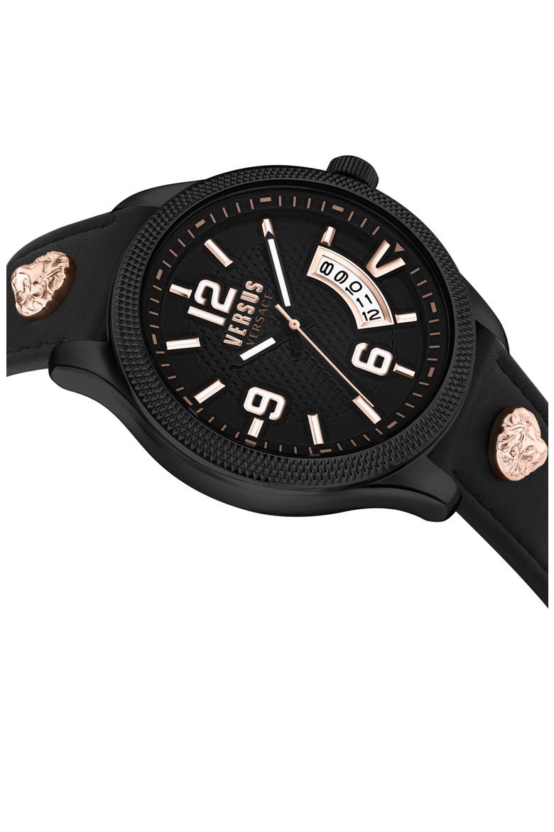 Reale Leather Strap Watch, 44mm, Alternate, color, IP BLACK
