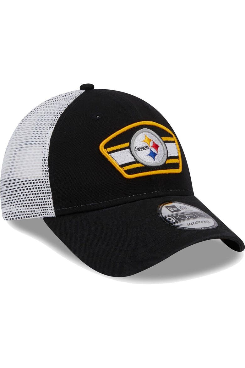 Men's New Era Black/White Pittsburgh Steelers Logo Patch Trucker 9FORTY Snapback Hat, Alternate, color, Black