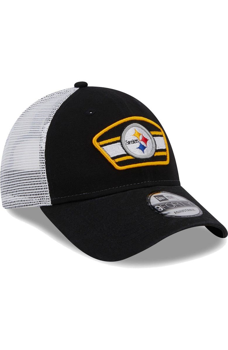 New Era Men's New Era Black/White Pittsburgh Steelers Logo Patch Trucker 9FORTY Snapback Hat, Alternate, color, 