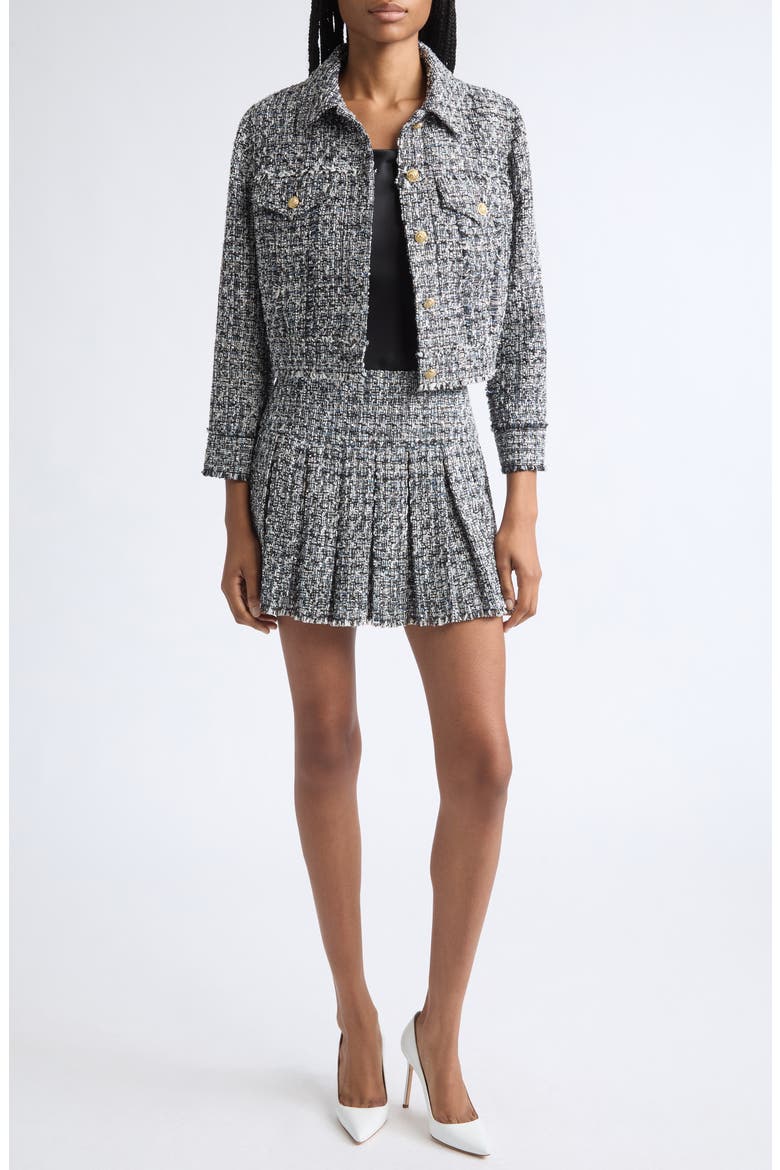 Chloe Cropped Boxy Tweed Jacket, Alternate, color, BLACK/ OFF WHITE