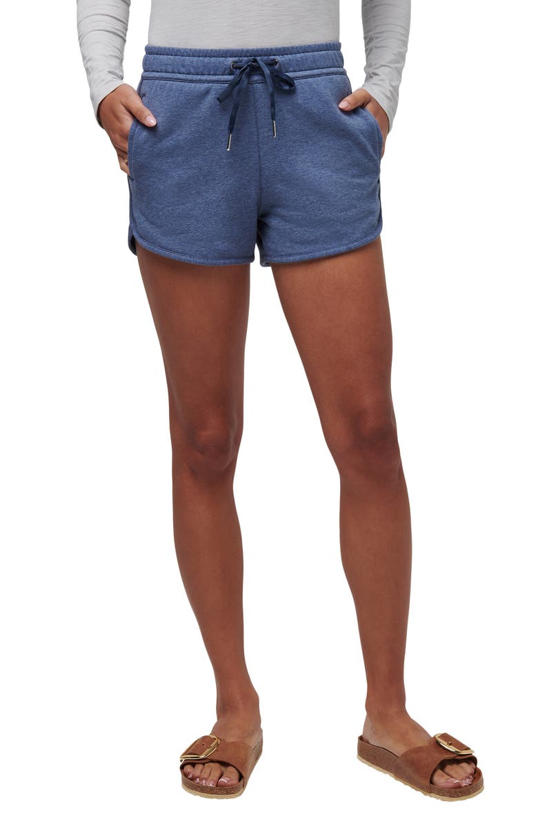 TravisMathew Cloud Drawstring Fleece Shorts, Main, color, Heather Navy