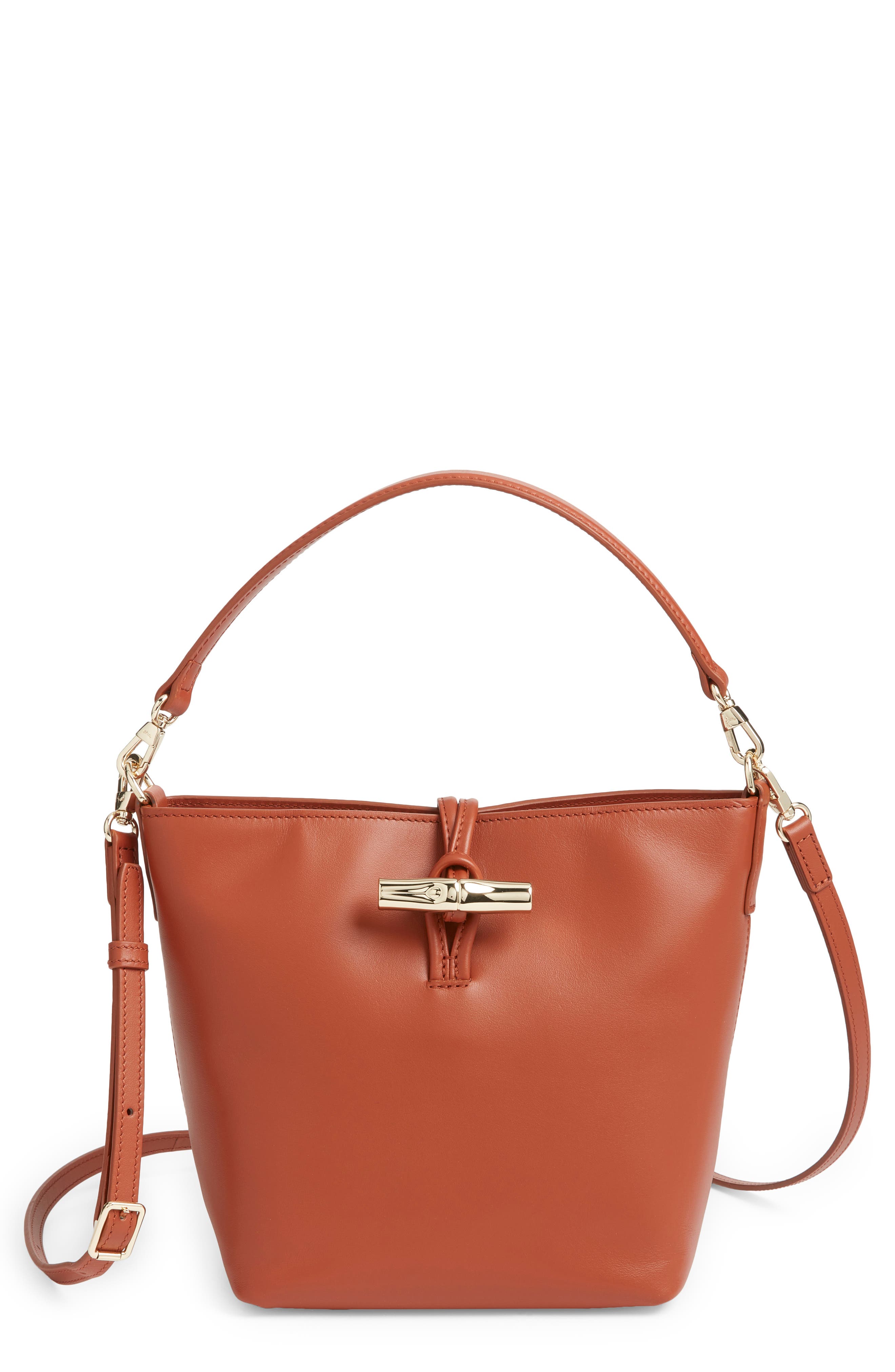 Longchamp Extra Small Le Roseau Leather Bucket Bag, Main, color, Bark