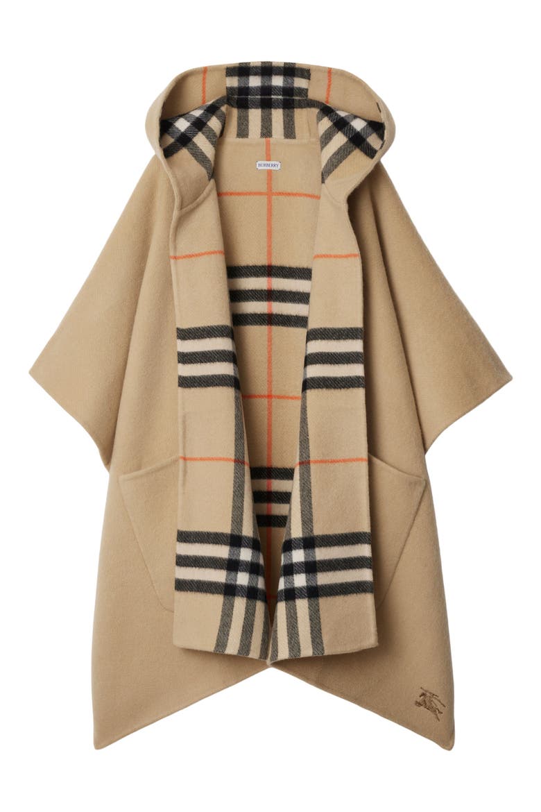 Check/EKD Reversible Hooded Cashmere Cape, Alternate, color, SAND/SAND