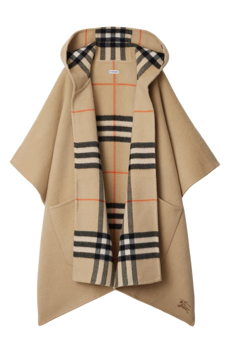 Burberry Check/EKD Reversible Hooded Cashmere Cape, Alternate, color, 