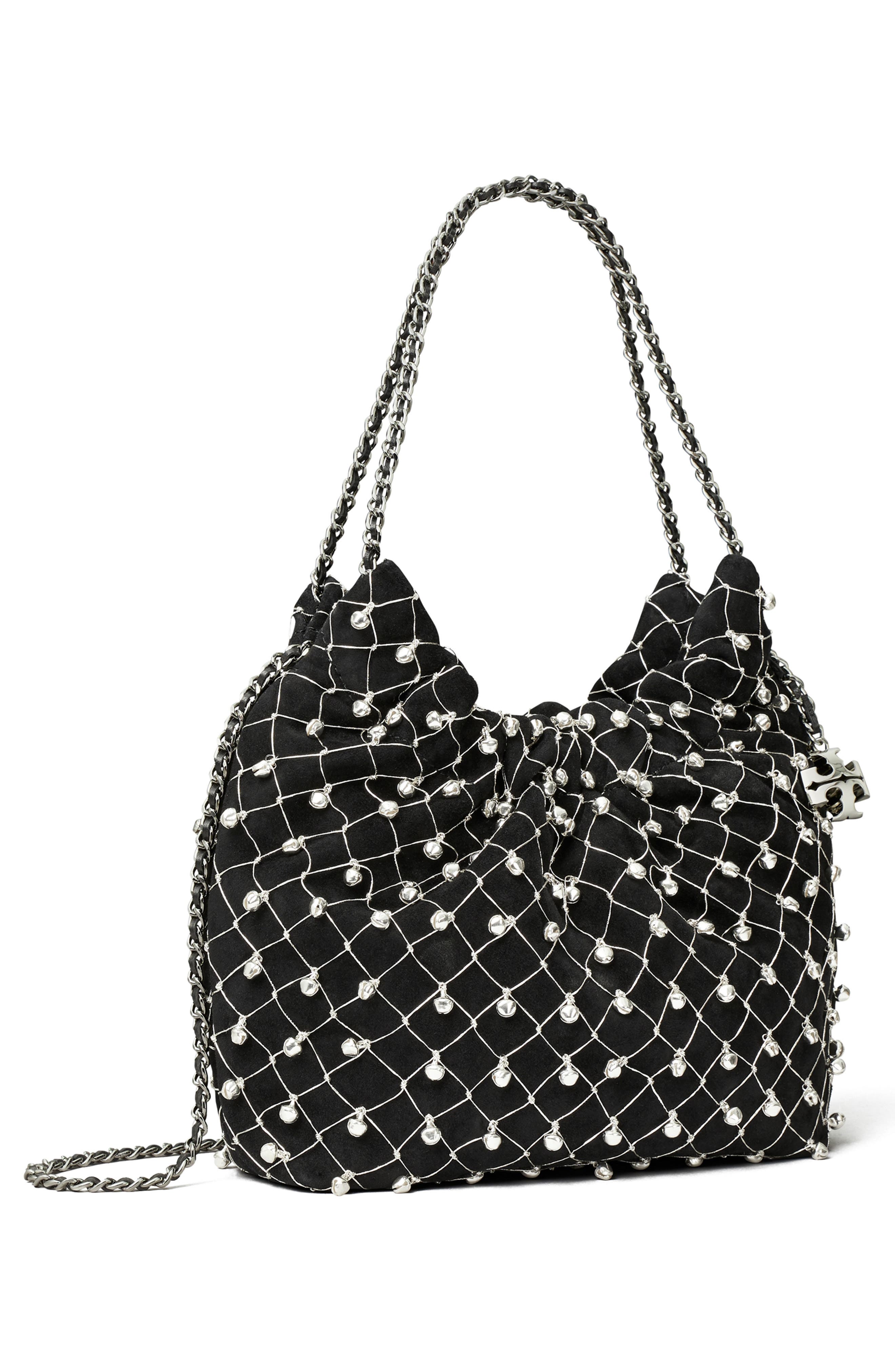 Tory Burch Mini Fleming Bell Hobo Bag, Alternate, color, Black