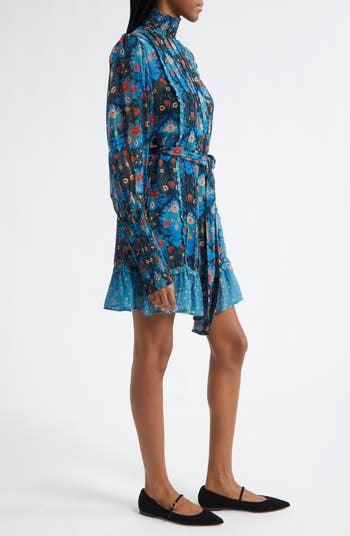 Blue Arabesque Floral Belted Turtleneck Minidress