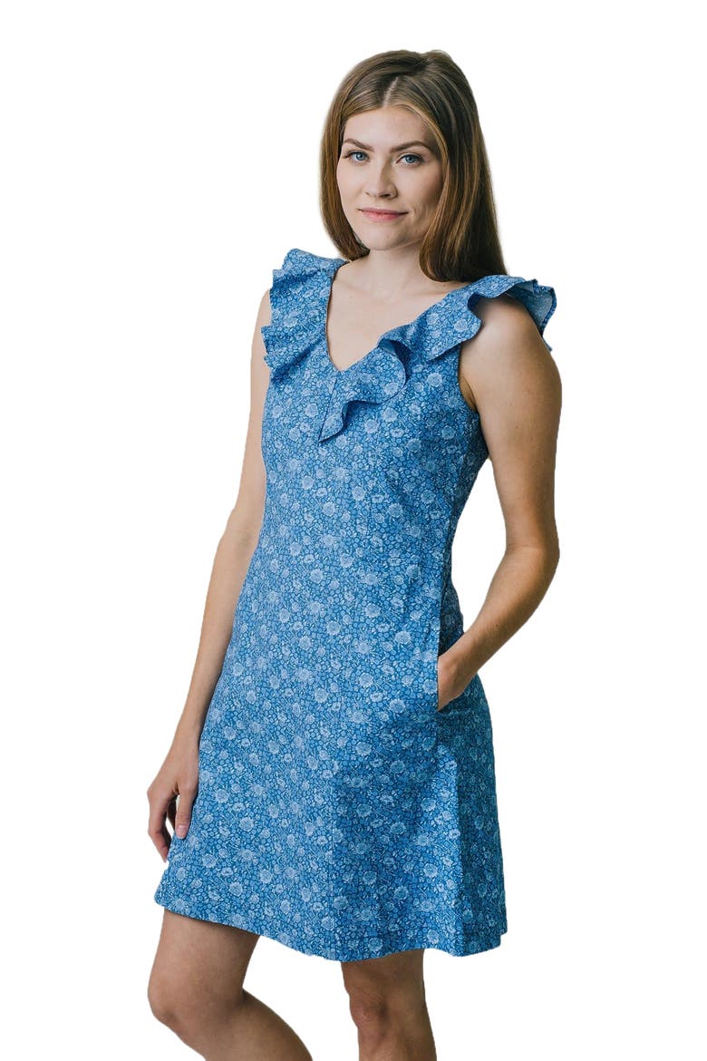 Women's V-Neck Ruffle Shift Dress, Main, color, Coastal Blue Floral