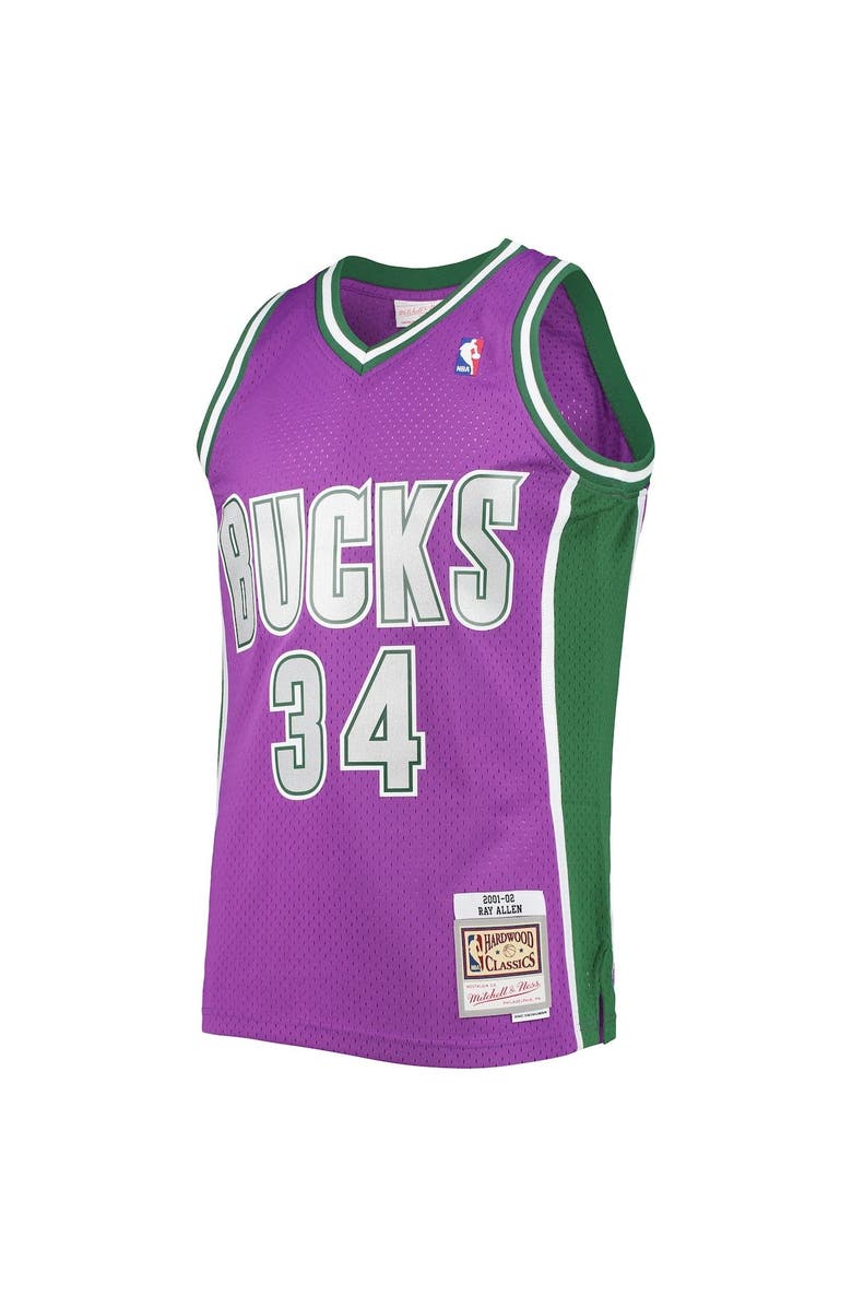 Mitchell & Ness Men's Mitchell & Ness Ray Allen Purple Milwaukee Bucks 2001/02 Hardwood Classics Swingman Jersey, Alternate, color,