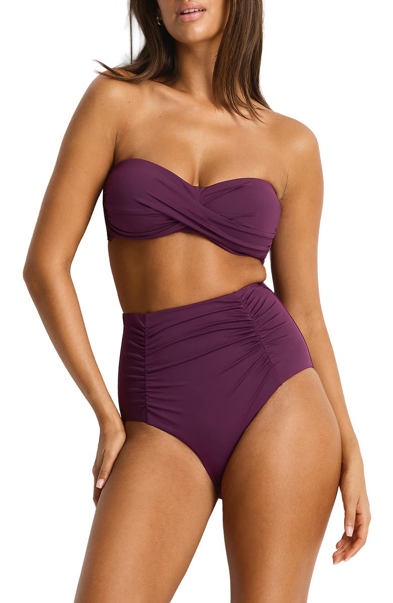 Sea Level Shirred High Waist Bikini Bottoms, Alternate, color, Claret