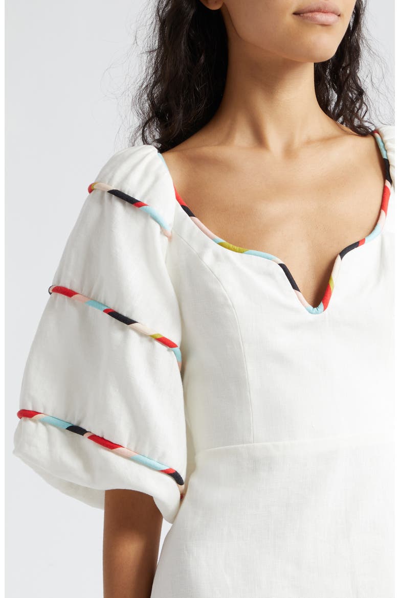 Stripe Trim Puff Sleeve Linen Minidress, Alternate, color, WHITE