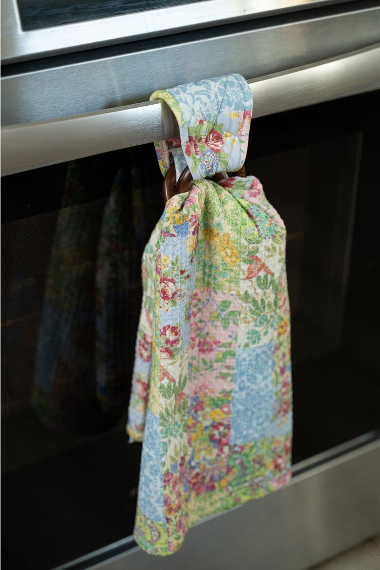 Garden Collage Patchwork Tea Towel + Set Of 3 Wooden Loop Hangers, Alternate, color, Green