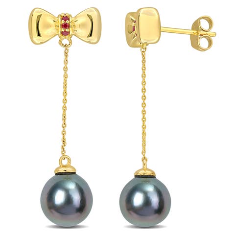 Tahitian Pearl & Gem Bow Dangle Earrings 10k