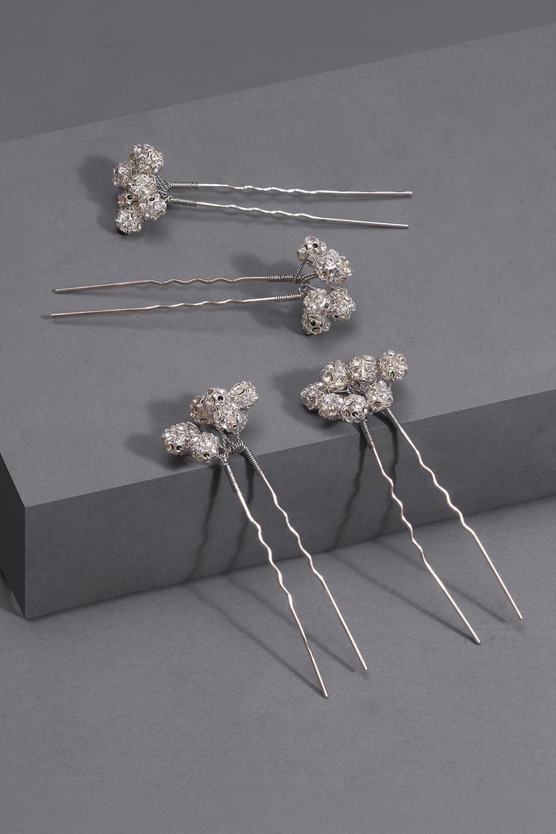 Set of 4 Embellished Pearls U Pins - Silver, Alternate, color, Metallic Silver