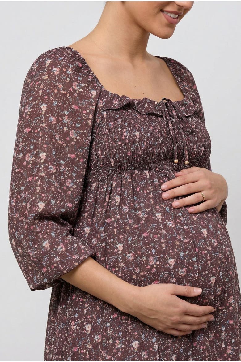 Smocked Babydoll Long Sleeve Mini Dress, Alternate, color, Tawny Port Floral
