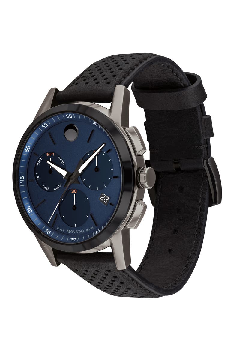 Museum Chronograph Leather Strap Watch, 43mm, Alternate, color, BLUE DIAL