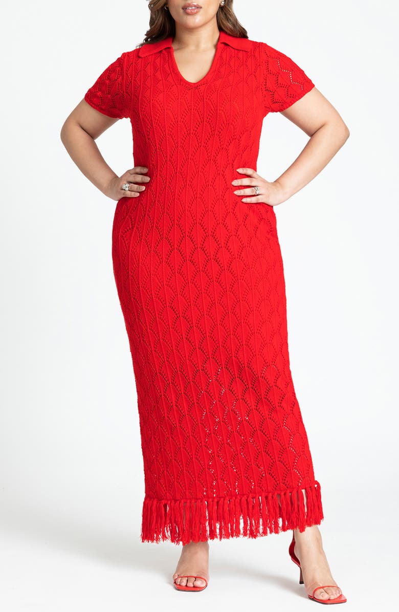 ELOQUII Pointelle Stitch Fringe Trim Maxi Sweater Dress, Main, color, 