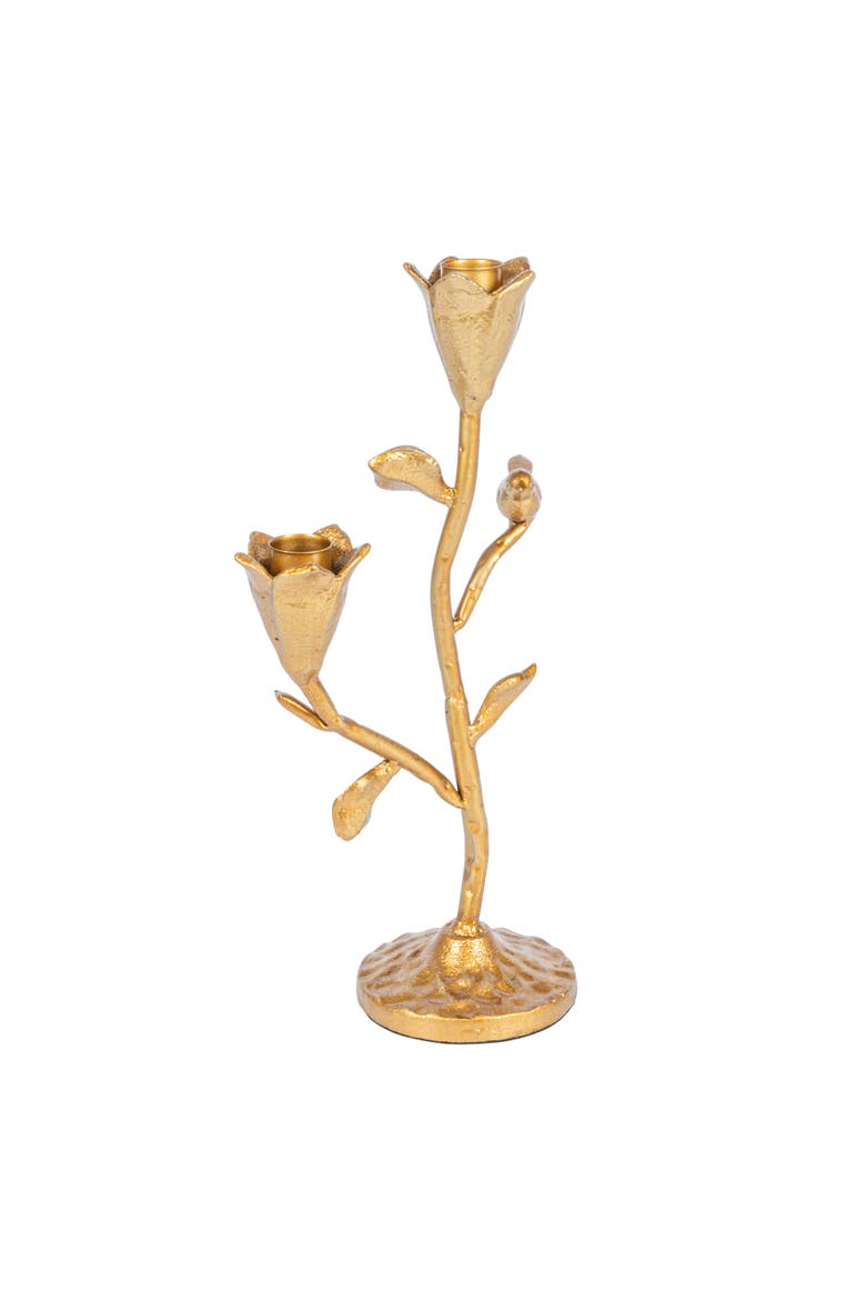 Tall Hand-Forged Cast Iron Candelabra with Flowers and Bird, Gold, Main, color, Gold