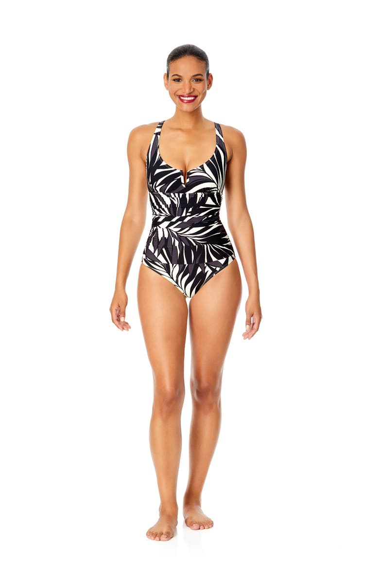 Anne Cole Women's Palm Chic V-Wire One Piece Swimsuit, Alternate, color, Palm Chic