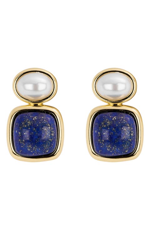 Lapis and Imitation Pearl Drop Earrings