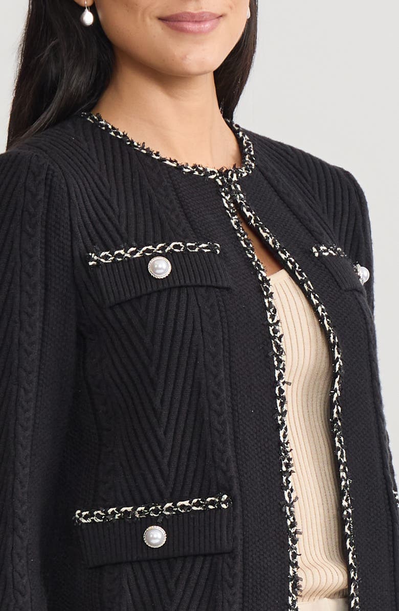 Misook Heritage Eyelash Trim Cozy Ribbed Knit Jacket, Alternate, color, Black/Biscotti